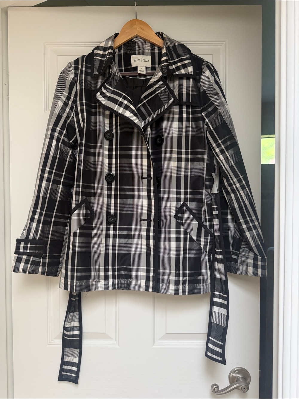 White House Black Market Black & White Plaid Double-Breasted Trench